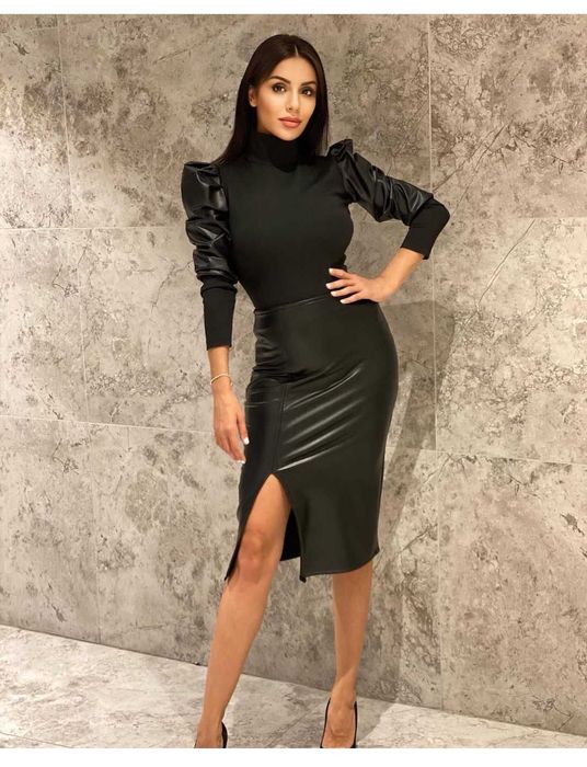 Bluza eleganta cu mâneci bufante din piele ecologica