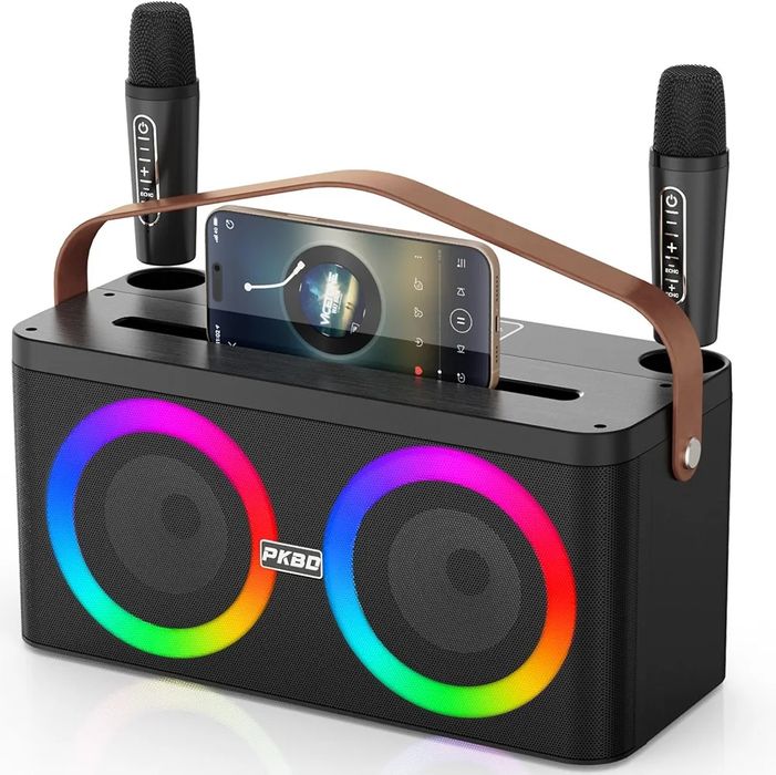 Boxa portabila karaoke cu bluetooth, 2 microfoane wireless incluse, lumini LED RGB, functie karaoke, sistem audio pentru petreceri si evenimente, NOUA