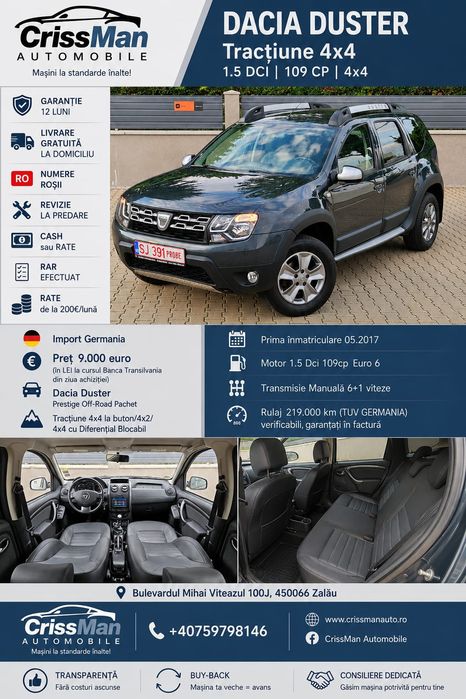 Dacia Duster Prestige Off-Road 4x4 1.5Dci 109cp Euro 6 2016 Piele Import Germania RAR EFECTUAT CASH•RATE•GARANȚIE•LIVRARE