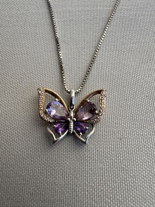 Pandantiv argint si aur Safire si ametiste. Lant argint.