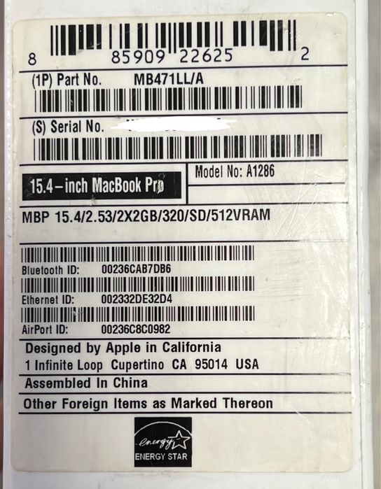 MacBook Pro 15-inch,Late 2011 a1286