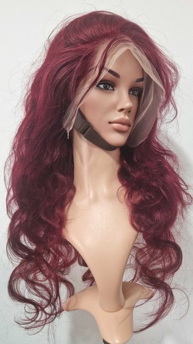 Естествена бразилска перука 75 см – тъмно червена, чуплива, дантелена