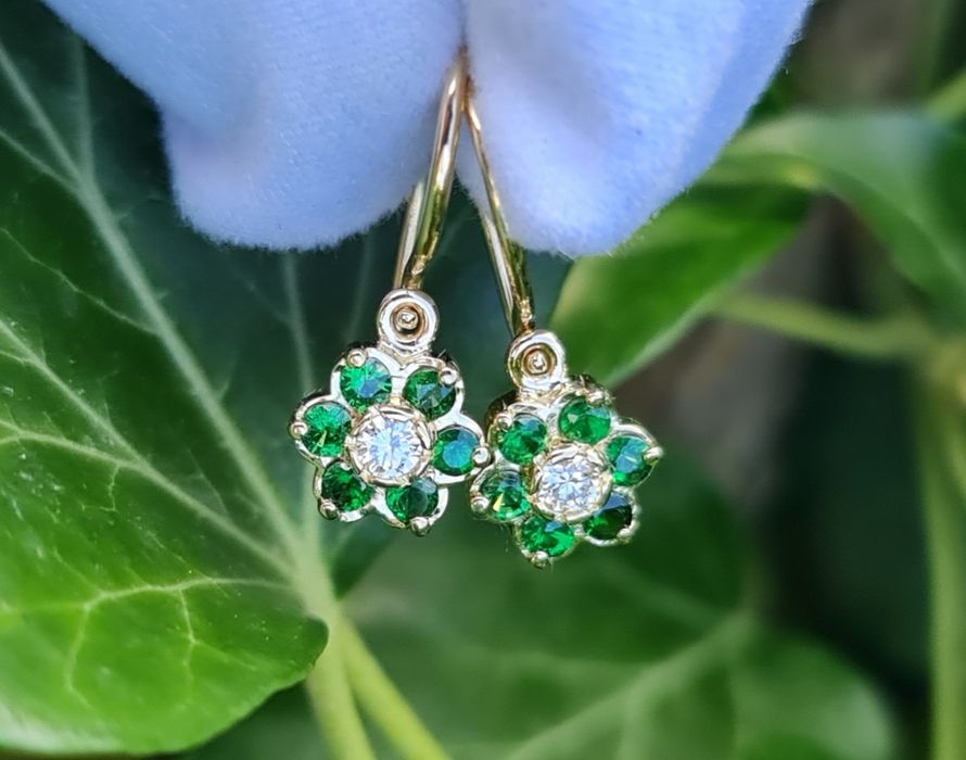 Cercei aur galben 14k diamante și tsavorite naturale