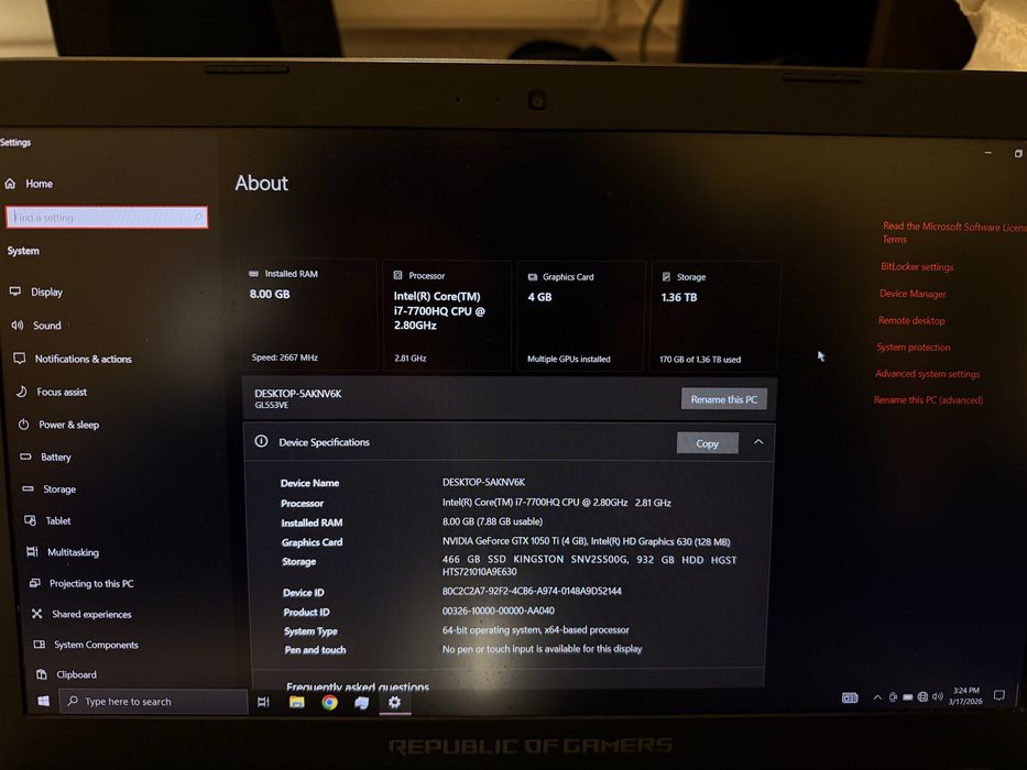 Laptop Asus Rog i7 7th hq 8gb ram GTX 1050ti4GB