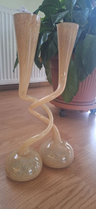 Set 2 vaze din sticlă artizanală – design spiral (Murano style), vinta