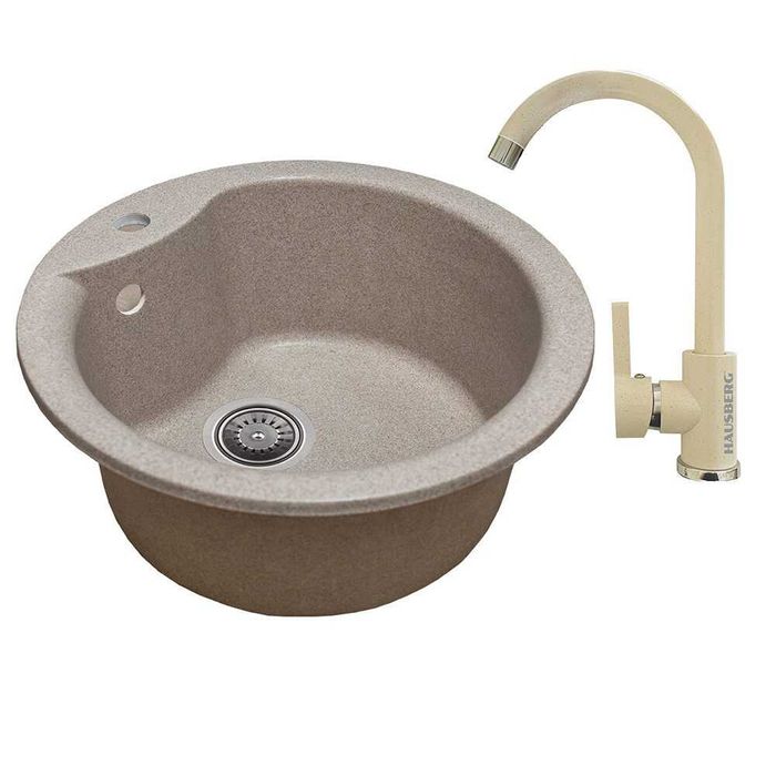 Chiuveta bucatarie granit compozit negru / bej cuva rotunda 49 cm