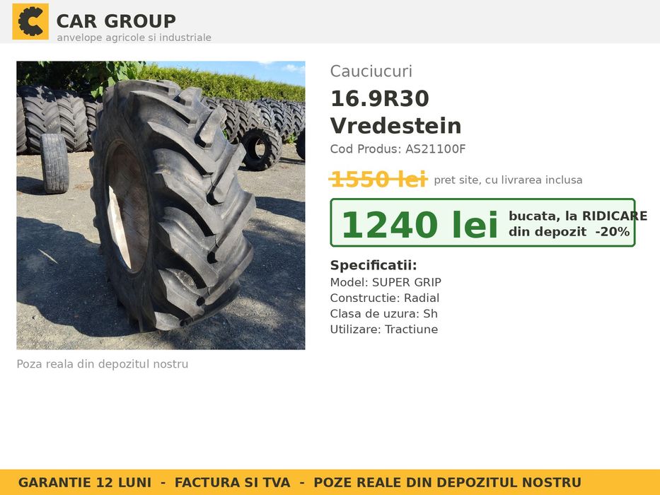 Cauciucuri Anvelope 16.9R30 16.9 R30 16.9-30 420/85R30 16930 Vredestein Tractor Punte Spate Utilaje Agricole SH Second Hand STOC REAL Garantie 1 An