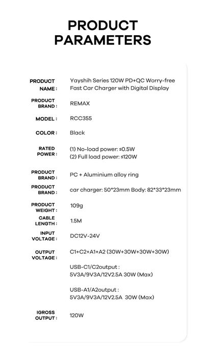 Remax RCC355 Car Fast Charger PD120W Quick Charger QC3.0 for iPhone 16