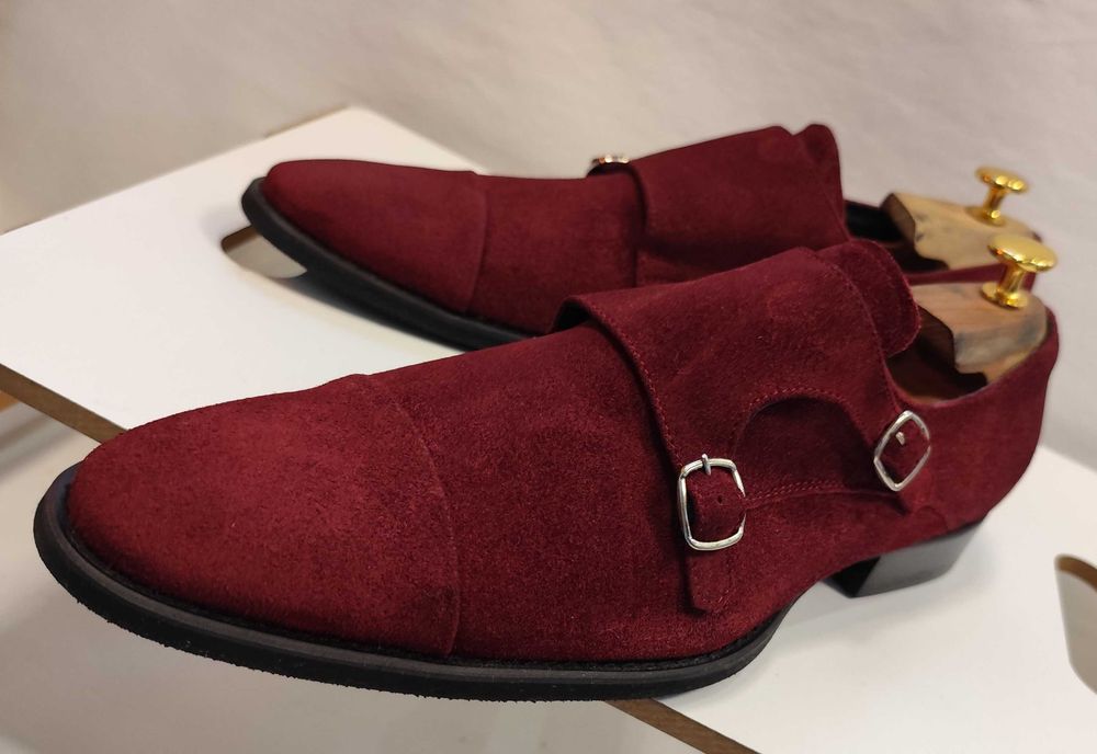 Pantofi double monk 42 42.5 de lux Lavoratione Artigianale NOI piele naturala suede rosu burgundy