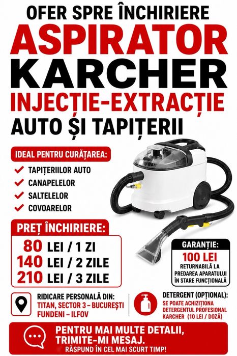 Închiriez aspirator Karcher injecție extracție: saltele, canapele, covoare și tapițerii auto - 80 lei/24h