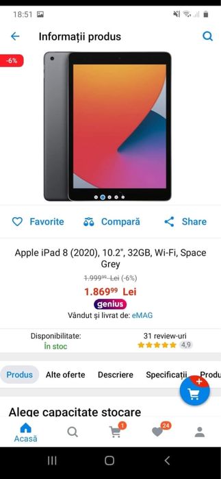 Apple iPad 8 (2020), 10.2", 32GB, Wi-Fi, Gri Spațial