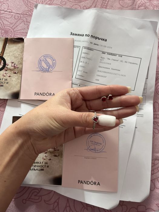 Комплект обеци и пръстен pandora с червено сърце