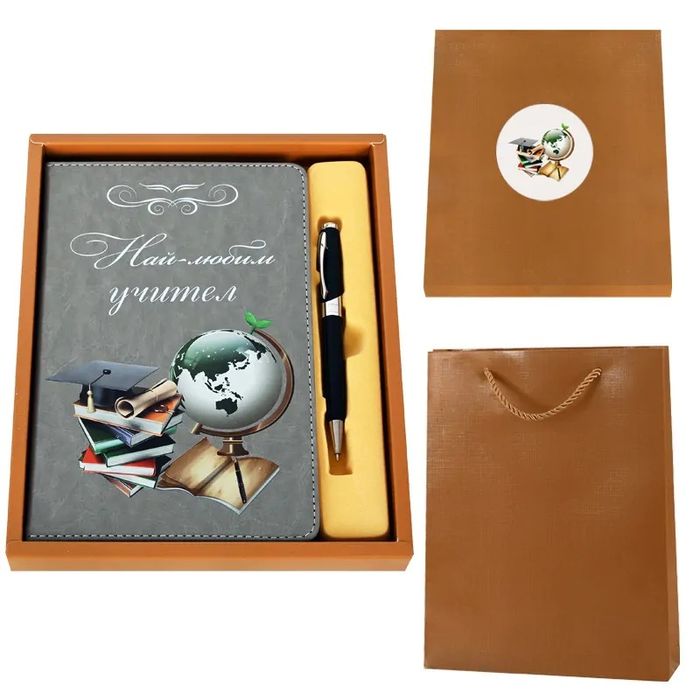 Луксозен комплект "Учител" с кожен бележник мелатен химикал в подаръчн