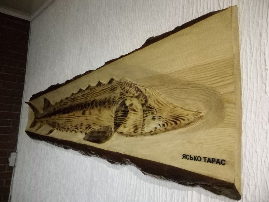 Осётр вырезанный на стволе дерева.