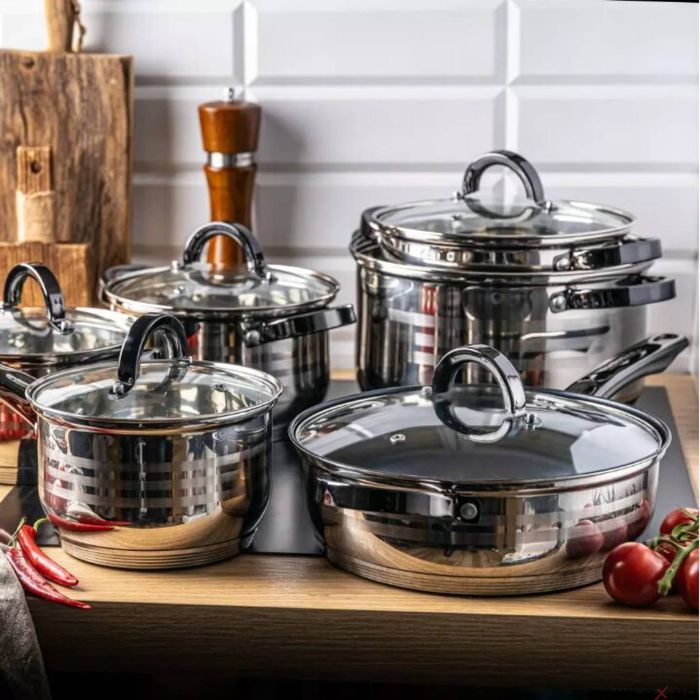 Set 6 oale, inox, cu capac, manere negre,16/18/20/24/16/24cm,