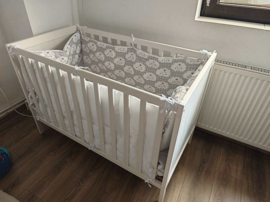 Pătuț copil lemn Ikea + saltea cocos + laterale