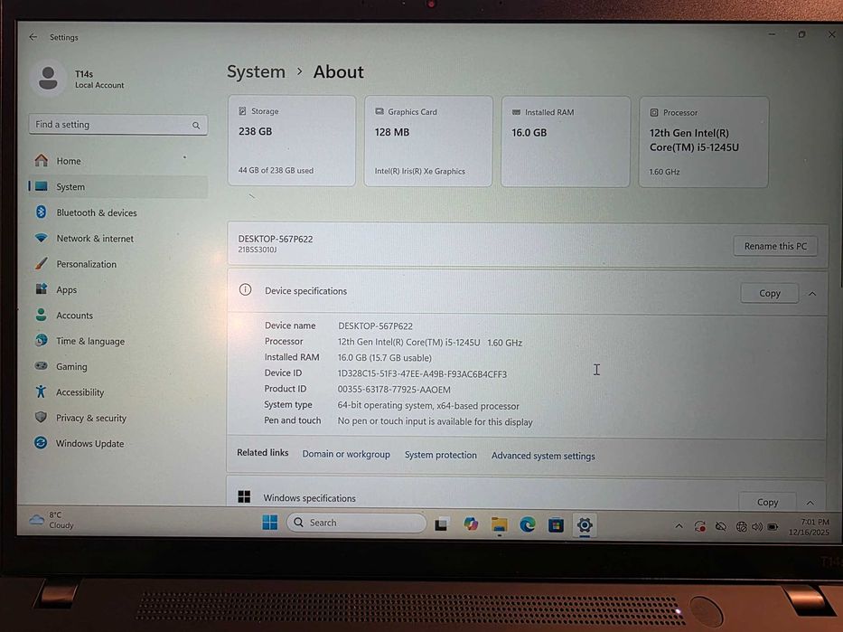 Laptop Lenovo Thinkpad T14s Gen 3, 16 gb ram, USB 4.0