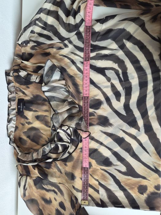 Bluză Monari mărime 38, imprimeu animal print (zebră/leopard), guler cu volănașe și șnur de legat