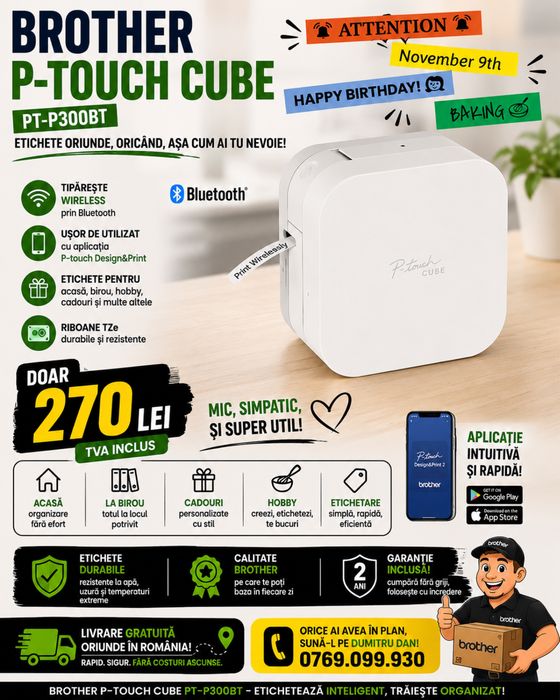 Brother P-touch CUBEPT-P300BT | Produs nou, sigilat | Livrare gratuita