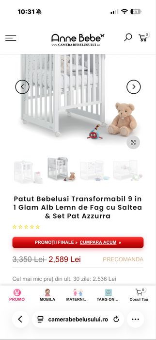 Patut bebe azzura lemn de fag+saltea+set pat