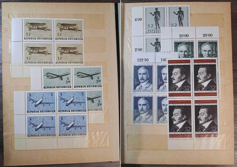 Clasor timbre Austria (emisiuni complete nestampilateMNH in bloc de 4)