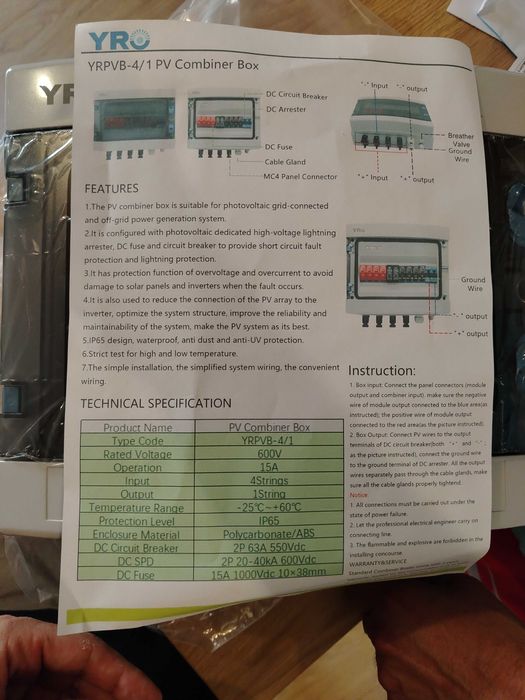 tablou electric YRO Solar YRPVB 2/1 pentru sisteme fotovoltaice.