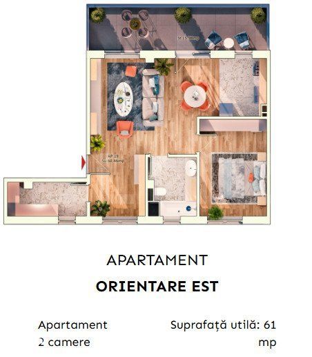 Apartament 2 camere semidecomandate, 52 mp, 9.30mp balcon, parcare sub