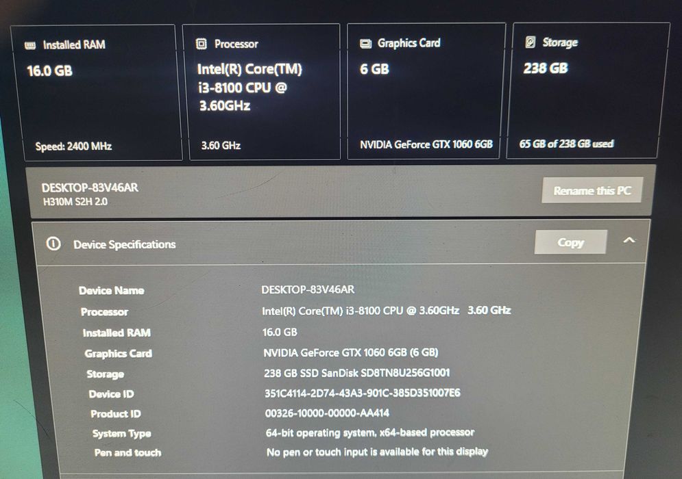 PC Gaming Intel I3 8100 3,60GHz 16Gb DDR4 256Gb M2SSD GTX 1060 6Gb