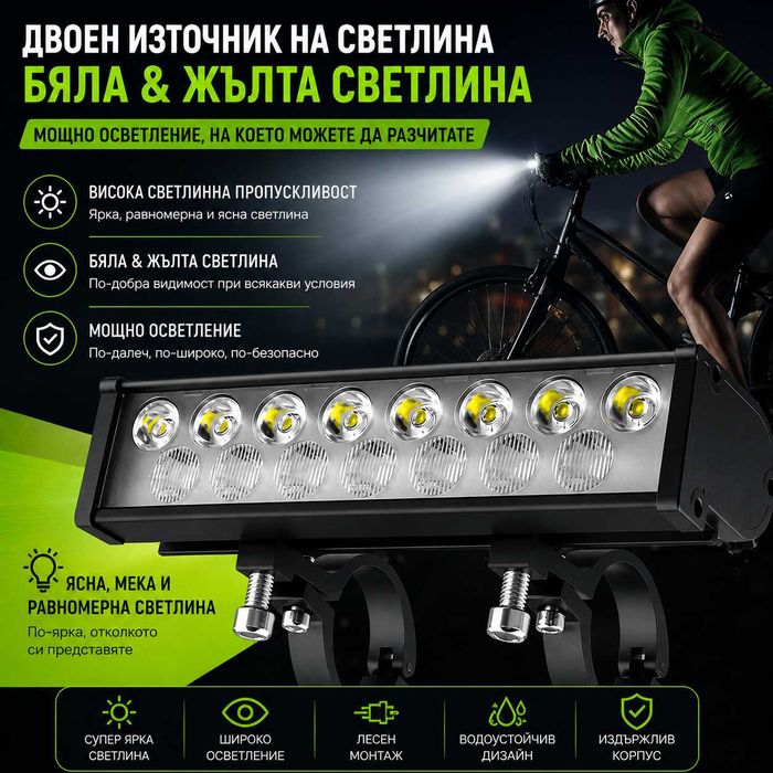Ултра ярък 15 LED бар за велосипед, 4000 lm, USB-C, Бяла и жълта светлина