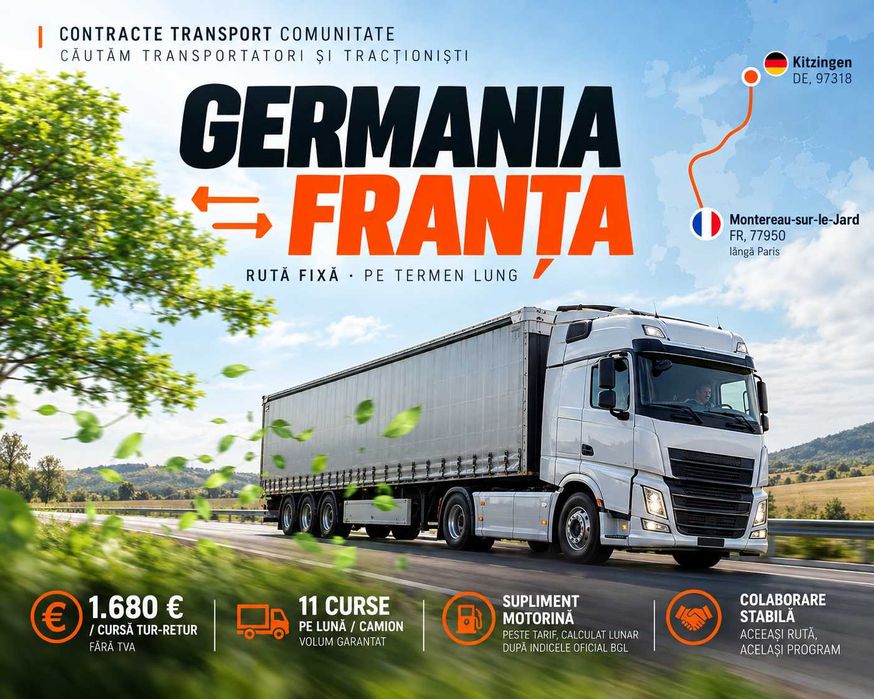 Căutăm parteneri transportatori și tracționiști pentru o rută fixă Germania - Franța- Remorca BOX