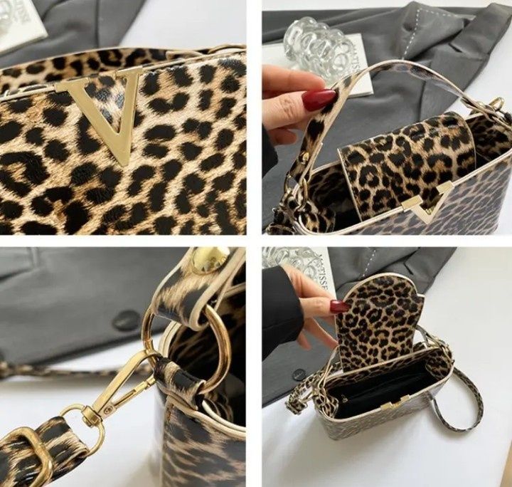 Geanta mini animal print,model Valentino, logo metalic auriu, saculet