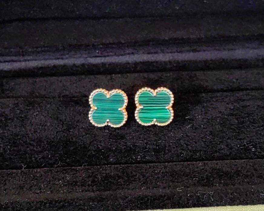 Сребърни обеци със зелен малахит Van Cleef & Arpels Vintage Alhambra