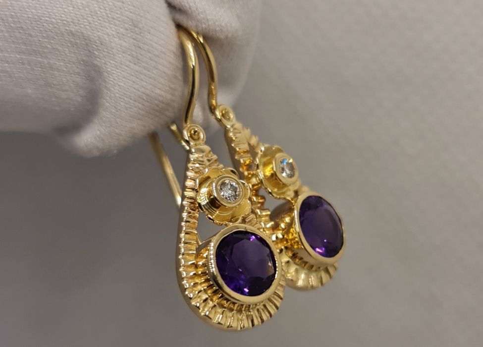 Cercei din aur galben 14k cu diamante și ametist natural