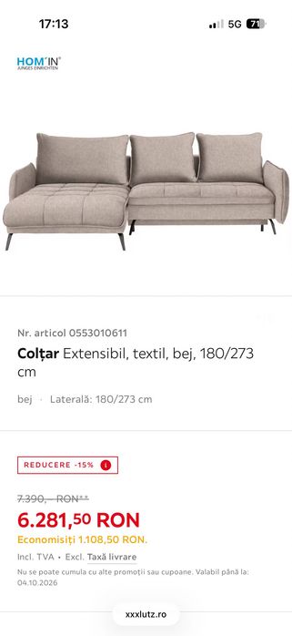 Coltar extensibil nou bej 273 x 180 de la XXXLUTZ