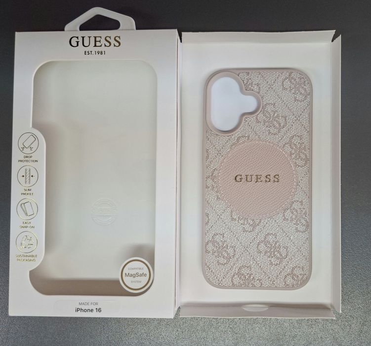 Кейс GUESS за iPhone 16 розов кожен гръб с  MagSafe магнитно зареждане