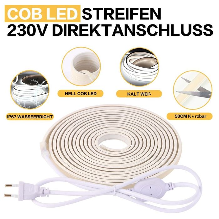 Bandă LED COB 230V IP67 exterior 2 metri – alb rece 6000K, cu priză