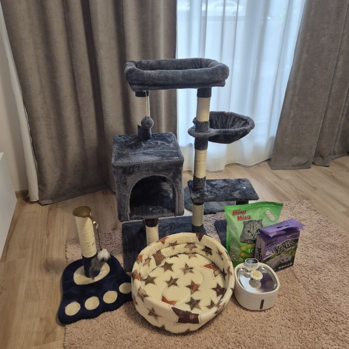 Loc joaca, disperser apa automat, cos de dormit pentru pisici