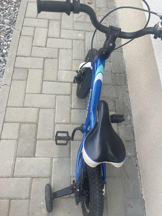 Bicicleta pentru copii 2-4 ani HappyCycles KidsCare, roti 12 inch, cu roti ajutatoare si frane pe disc, albastru