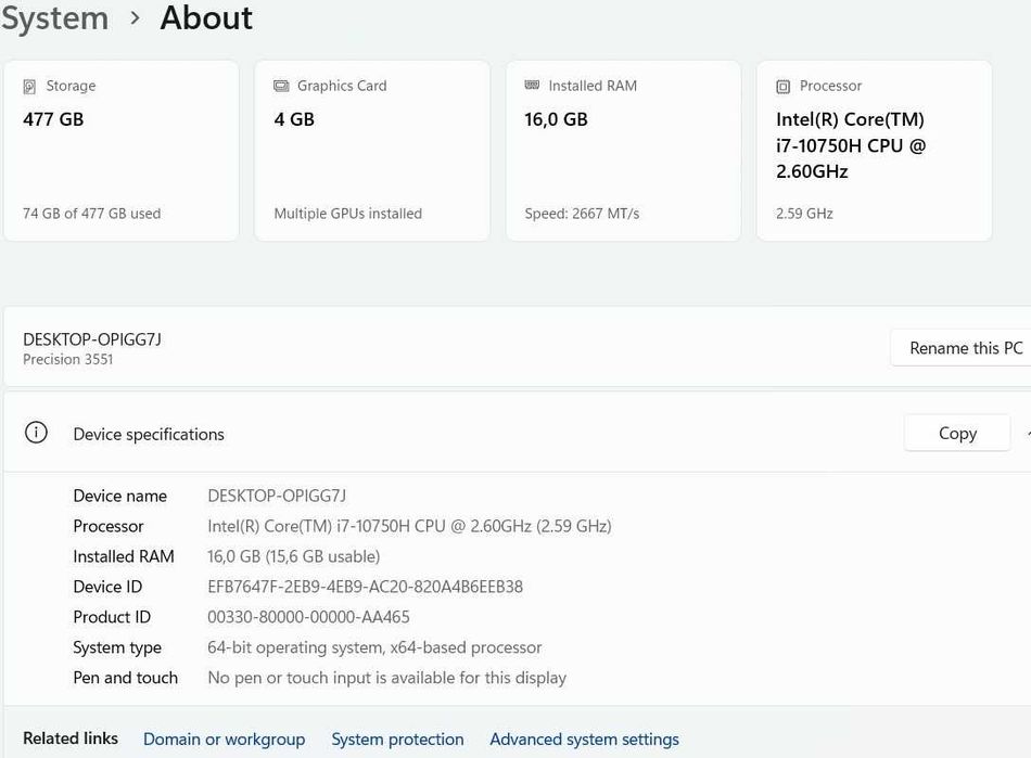 Laptop Dell i7 10750h 2,6Ghz/5Ghz,16GB, 500GB, Nvidia P620 4GB, Win11