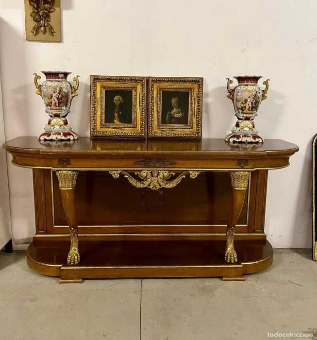 Spectaculoasa consola in stil empire-lemn intarsiat-ornamente din bronz-picioare in stil cabriole-Franta