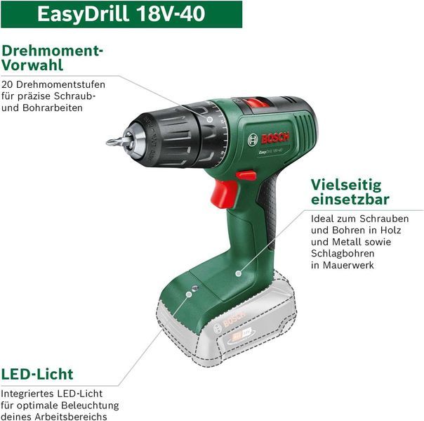 Акумулаторен Винтоверт Bosch EasyDrill 18V-40, 18V, SOLO 06039D8000, 2 години Гаранция, Нов