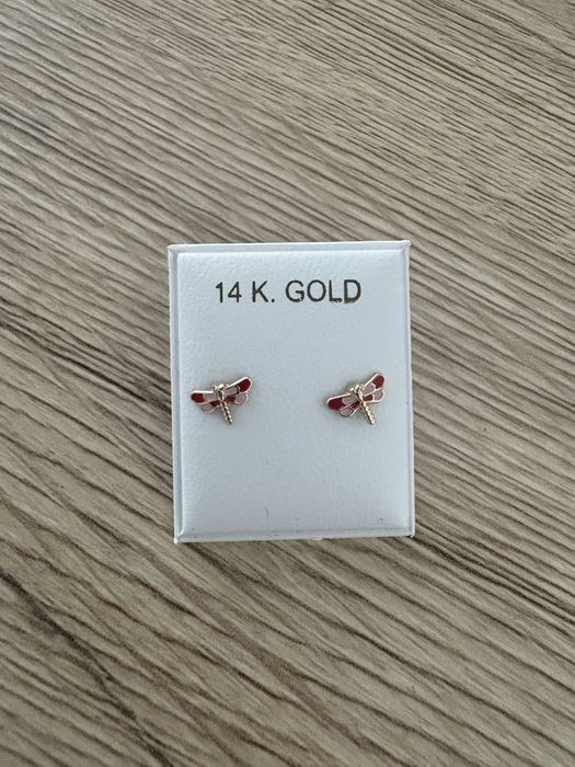 Cercei copii aur galben 14k Libelule roz cu rosu