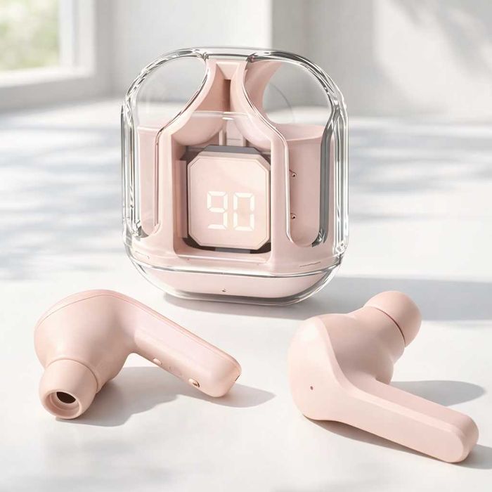 Безжични Bluetooth слушалки с LED дисплей и прозрачен заряден калъф