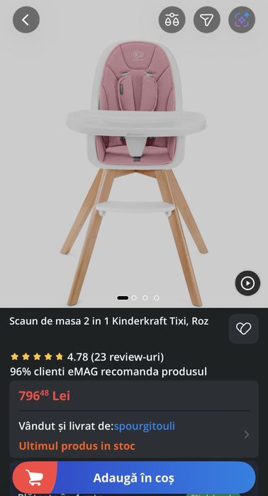 Vand scaun de masa Kinderkraft Tixi roz