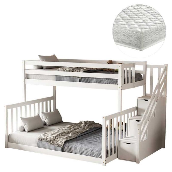 Двуетажно детско легло с влючени матраци, BUNK BED BEAMER, Бял, Масив, 140х190см. - Безплатна доставка!