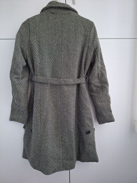 Palton S Mamalicious cu 20% lana, in V, cu cordon alb negru