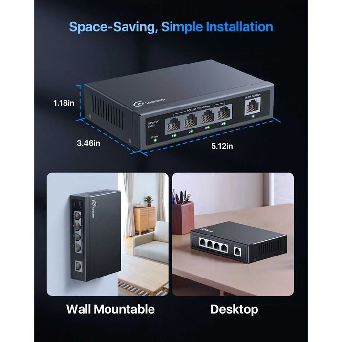 Switch PoE Loocam 5 porturi,PoE 4-10/100Mbps,port uplink 1-10/100Mbps