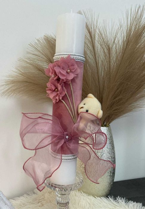 Set complet trusou botez cu lumanare imbracata in catifea roz