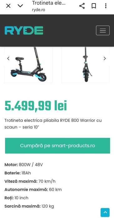 Trotineta electrica pliabila RYDE. Noua 800 Warrior cu scaun – seria 10″