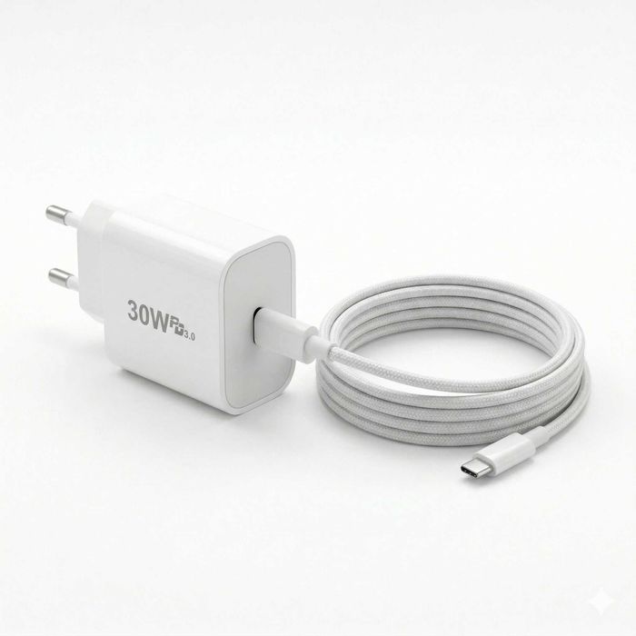 Încărcător Wyred by Monga - Power 30C, Fast Charge 30W, PD 3.0 + Cablu USB-C Nailon 60W Inclus, Alb